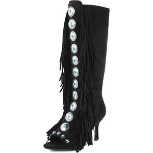 Women's Black FancyQueen Gladiator Heels Knee High Stiletto Peep Toe Boot